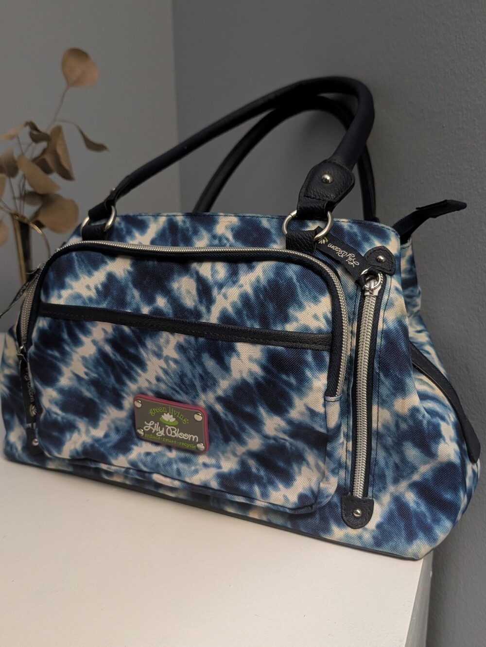 Lilly Bloom Blue & White Tye-Dye Satchel Shoulder Drop Handle Women's Handbag